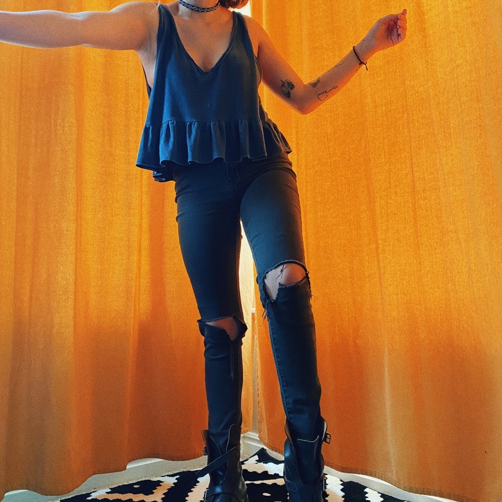 High waisted grey distressed jeans